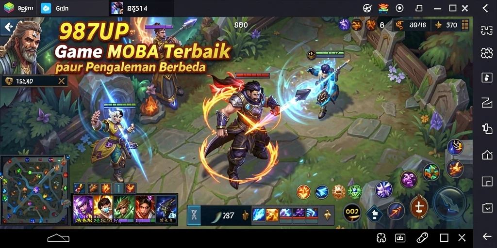 Gambar menampilkan aksi seru dalam permainan MOBA 987UP.