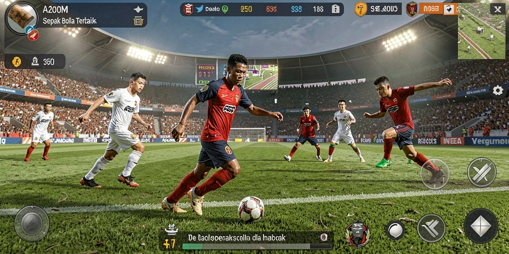 Tampilan gameplay A200M dengan aksi seru di lapangan sepak bola.