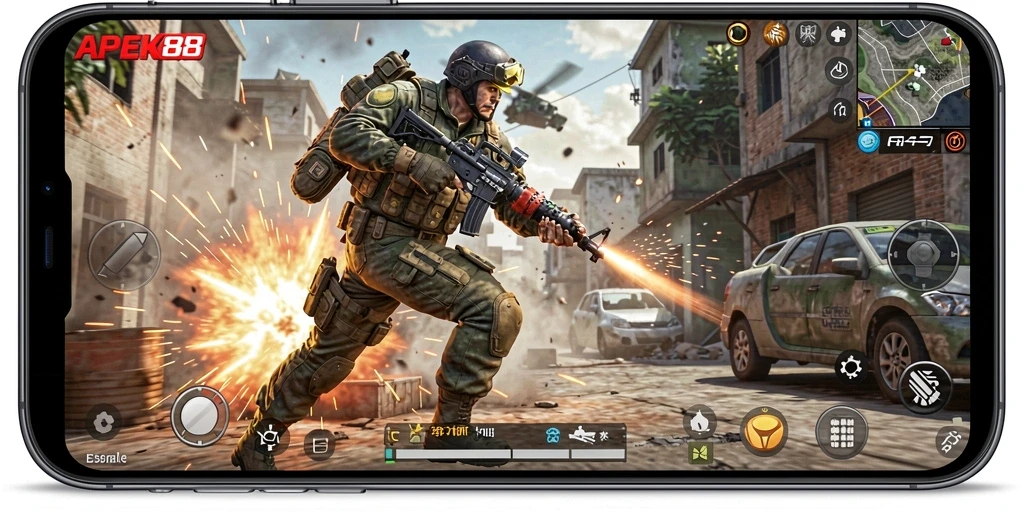 Screenshot gameplay APEK88 menampilkan aksi pertempuran yang intens.