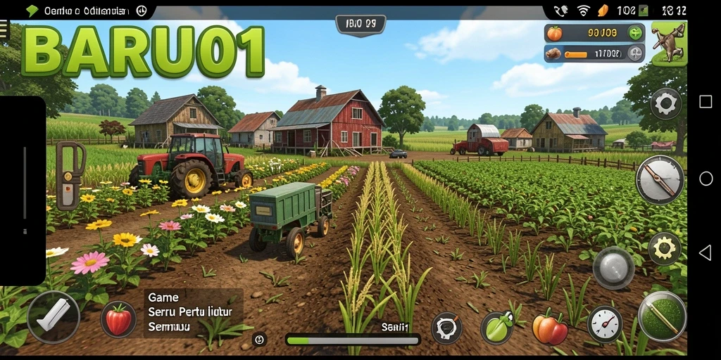 Screenshot gameplay BARU01 menampilkan kebun yang cantik dan berbagai aktivitas pertanian.