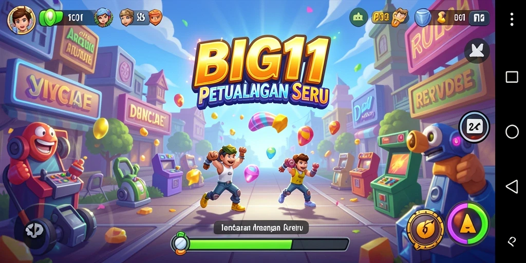 Screenshot utama BIG11 menampilkan karakter lucu dalam aksi gameplay Arcade.