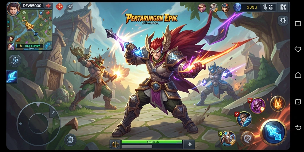 Screenshot gameplay DEWI5000 menampilkan aksi seru antar karakter MOBA.