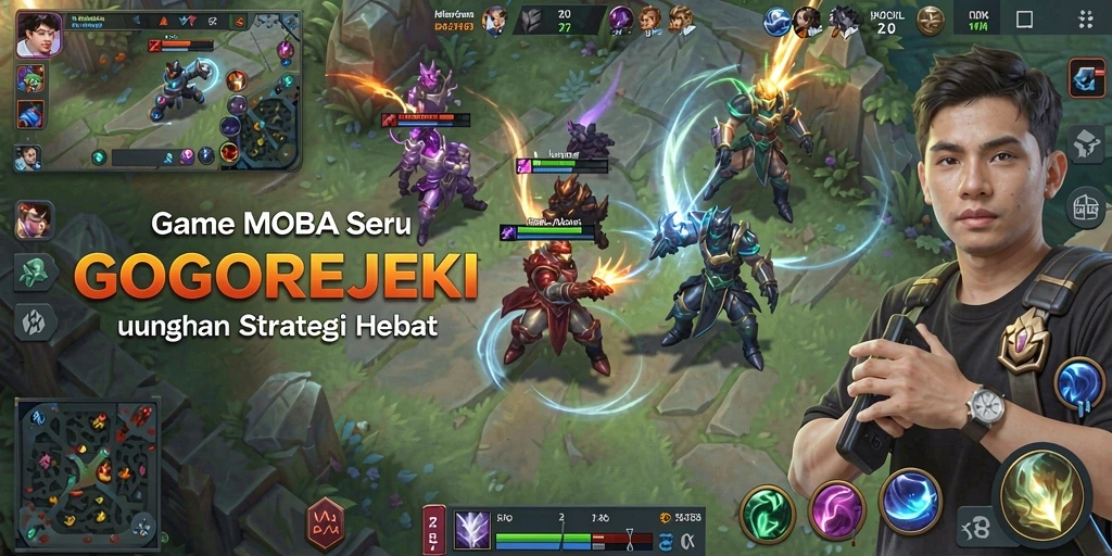 Screenshot GOGOREJEKI menampilkan aksi intens di arena pertarungan MOBA.
