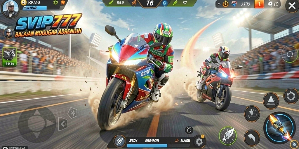 Tampilan gameplay balapan motor yang seru dan mendebarkan.